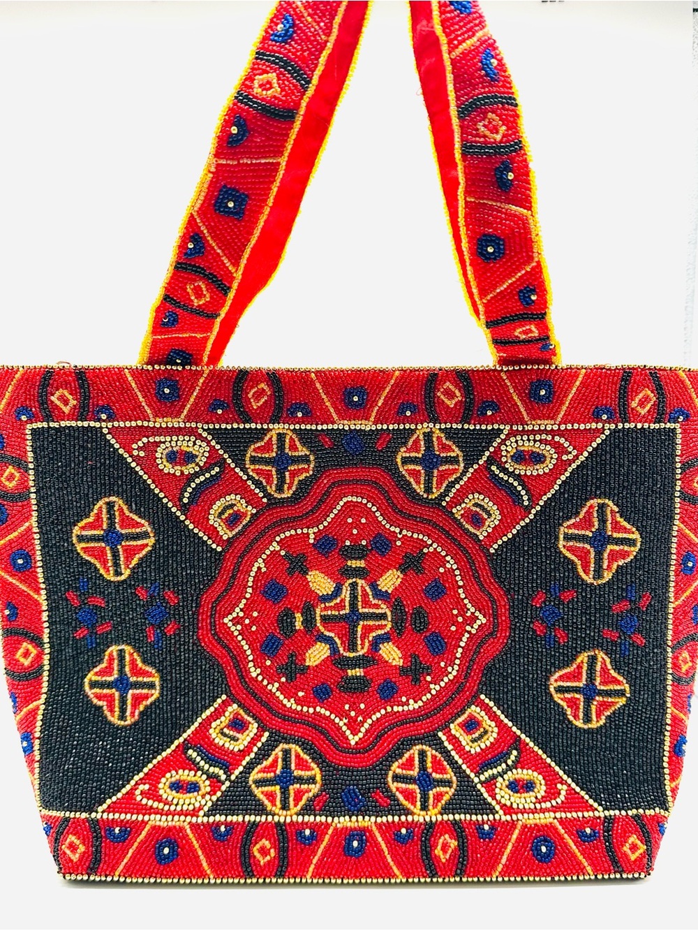 Vintage Large Red Black Gold Beaded Tote Handbag Southwest Geometric Pattern
